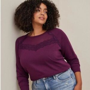 Torrid Classic Fit French Terry Crew Neck Mesh Inset Raglan Deep Purple Lace